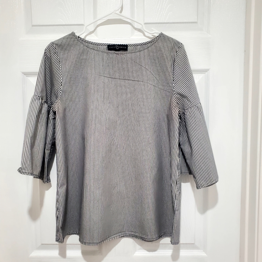 Fred David Black & White Striped Blouse ¾ Sleeves Size Small